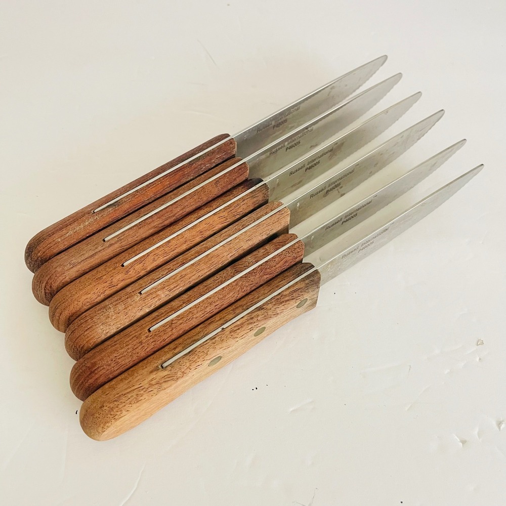Set 6 Vintage Russell International Serrated Steak Knives P46005 – Wood Handles